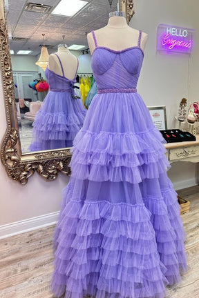 Dressime A Line Sweetheart Tulle Tiered Ruffle Beaded Long Prom Dress