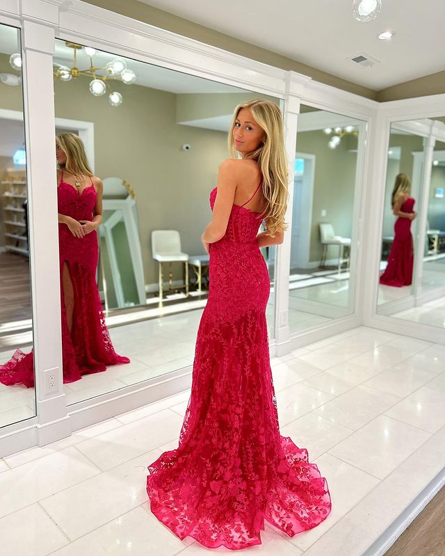 Dressime Mermaid Spagetti Straps Sweetheart Lace Slit Long Prom Dress With Appliques