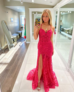 Dressime Mermaid Spagetti Straps Sweetheart Lace Slit Long Prom Dress With Appliques