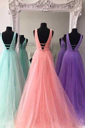 Dressime A Line V Neck Tulle Long Prom Dress With Thin Belt