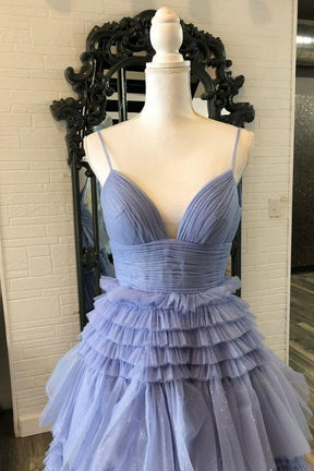 Dressime A Line Tulle Tiered Spaghetti Straps Prom Dresses Slit Evening Dresses