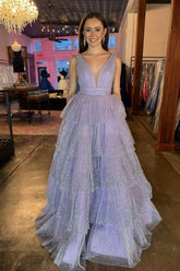 Dressime  Ball Gown V Neck Tulle Tiered Prom Dress With Slit