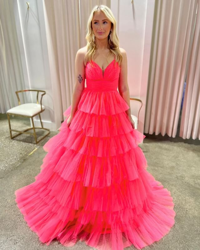 Dressime A Line V Neck Tulle Tiered Plunging Long Prom Dress