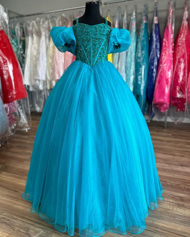 Dressime A Line Tulle Straps Detachable Short Sleeves Long Girl Pageant Dress With Beaded