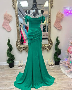 Dressime Mermaid Cold Sleeves Satin Beaded Ruched Long Prom Dress