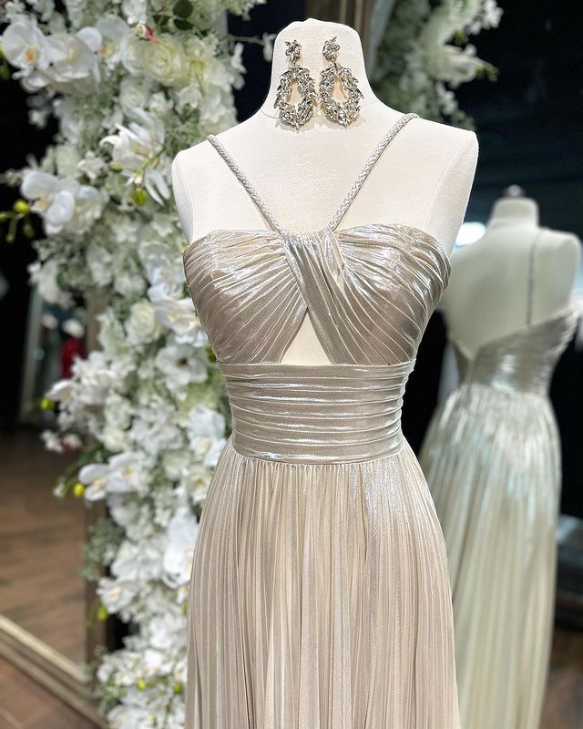 Dressime A Line Key Hole Metallic Pleated Long Prom Dress with Slit