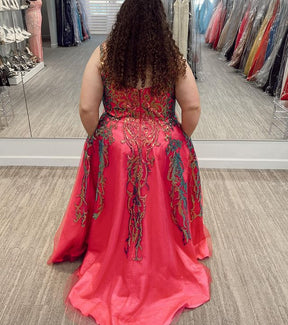 Dressime Plus Size A Line Straps Slit Long Prom Dress With Appliques