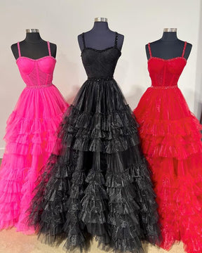 Dressime A Line Sweetheart Tulle Tiered Ruffle Beaded Long Prom Dress