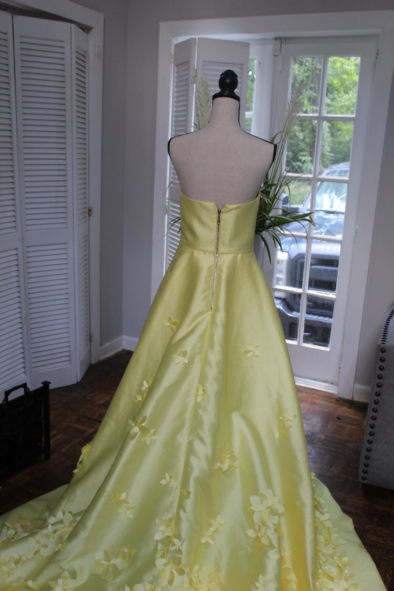 Dressime A Line Strapless Satin Long Prom Dress With 3D Flowers