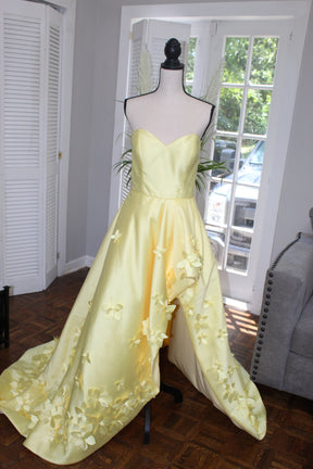 Dressime A Line Strapless Satin Long Prom Dress With 3D Flowers