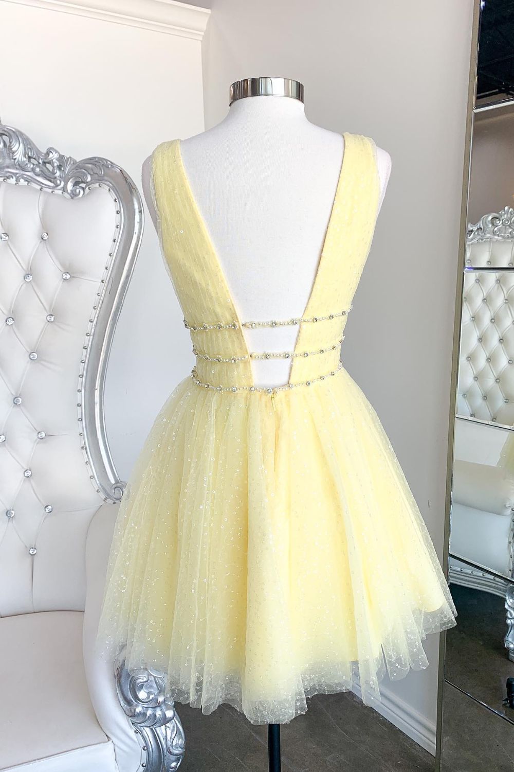 Dressime V Neck A Line Homecoming Dresses Tulle With Beading Short/Mini