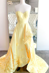 Dressime A Line Strapless Satin Long Prom Dress With 3D Flowers