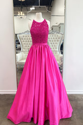 Dressime A Line Scoop Neck Satin Lace Appliques Long Prom Dress