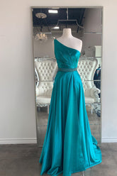 Dressime A Line One Shoulder Satin Long Prom Dress With Beaded