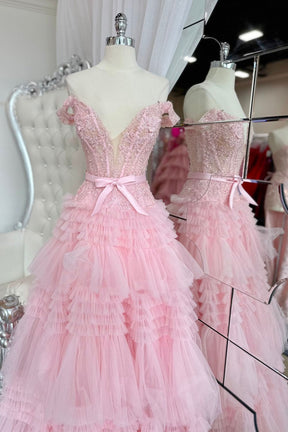 Dressime Princess A Line Off the Shoulder Tiered Long Prom Dresses with Ruffles