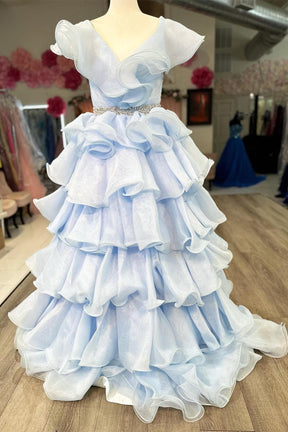 Dressime Ruffle Multi-Tiered A-Line V Neck Long Prom Dress