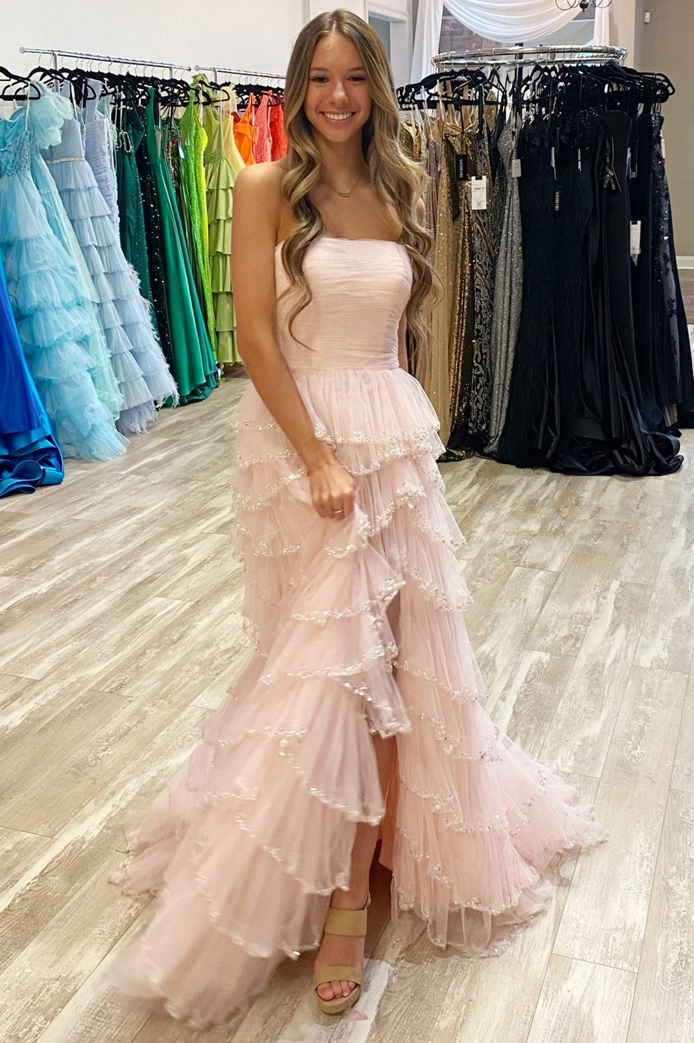 Dressime A Line Strapless Tulle Ruffle Beaded Tiered Long Prom Dress with Slit