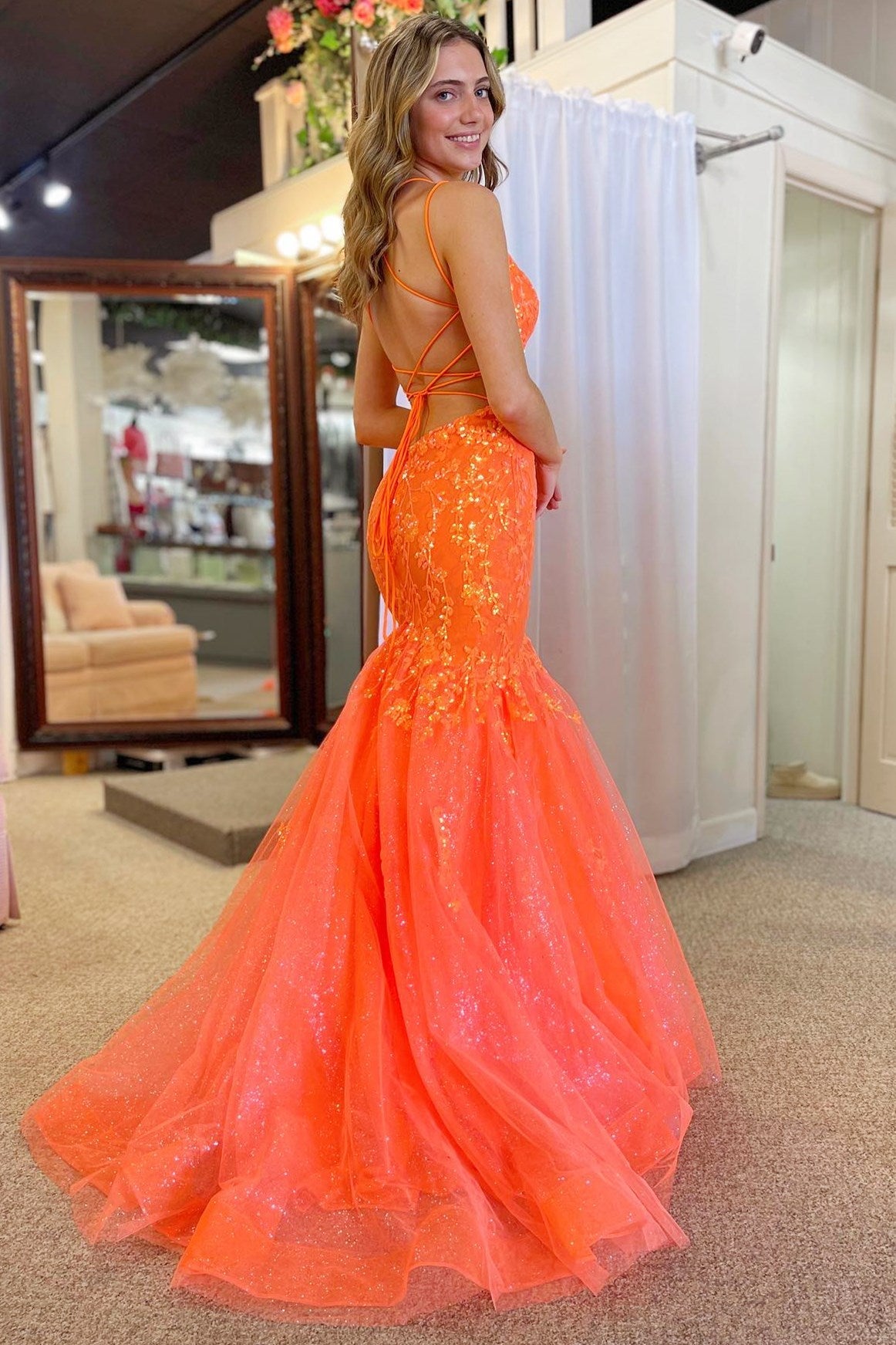 Dressime Mermaid V Neck Tulle Trumpet Long Prom Dress With Lace Appliques