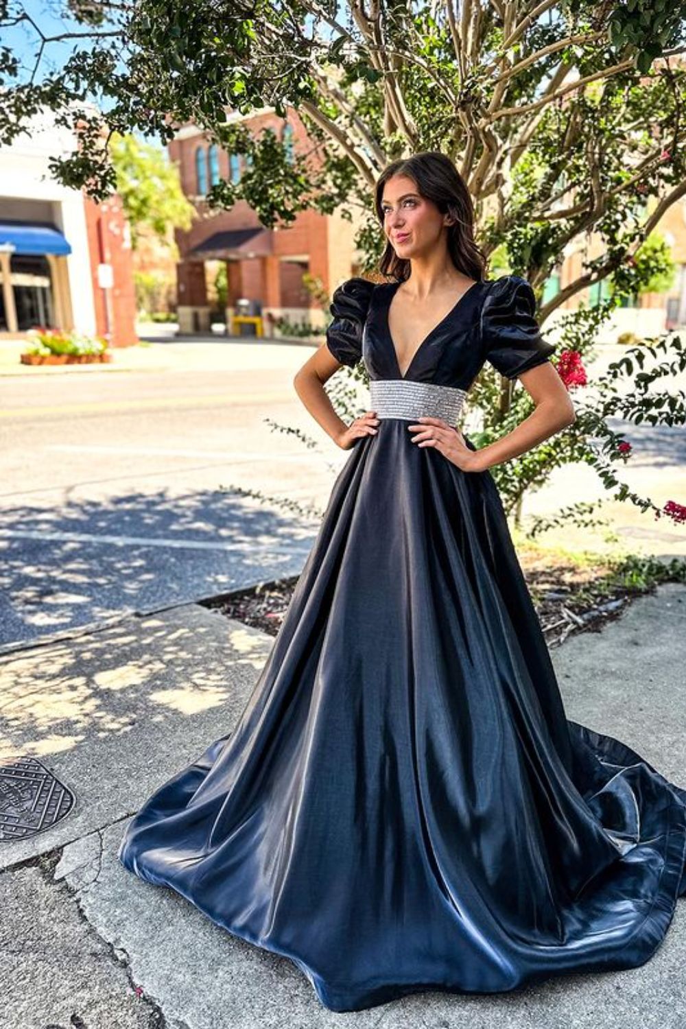 Dressime A-Line Beaded Plunge V Neck Long Prom Dress with Puff Sleeves dressime