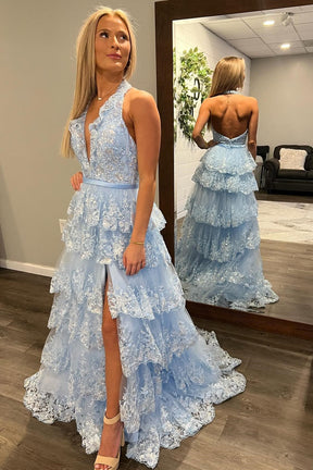 Dressime A Line Halter Tulle Ruffle Tiered Long Prom Dress With Appliques dressime