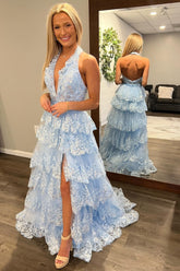 Dressime A Line Halter Tulle Ruffle Tiered Long Prom Dress With Appliques dressime