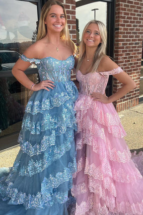 Dressime A Line Off-the-Shoulder Appliques Tiered Ruffle Tiered Long Prom Dresses dressime