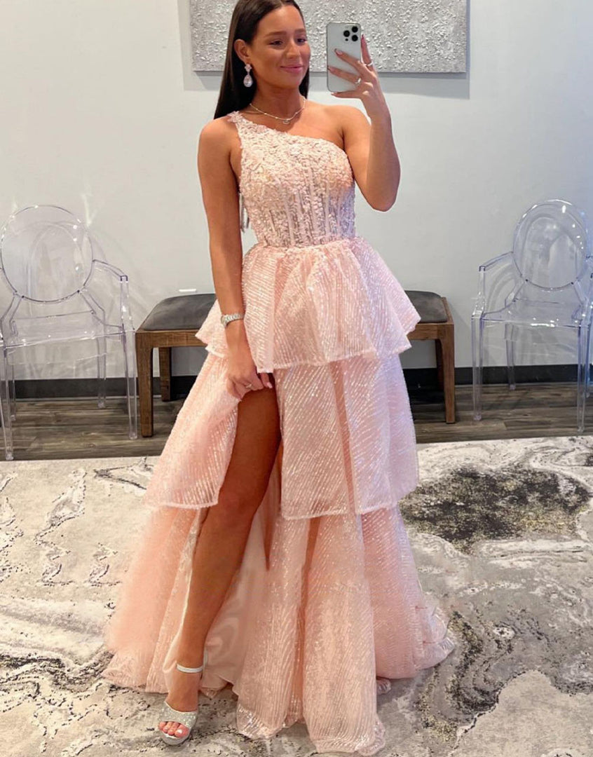 Dressime A Line One-Shoulder Lace Tiered Long Prom Dress with Slit dressime