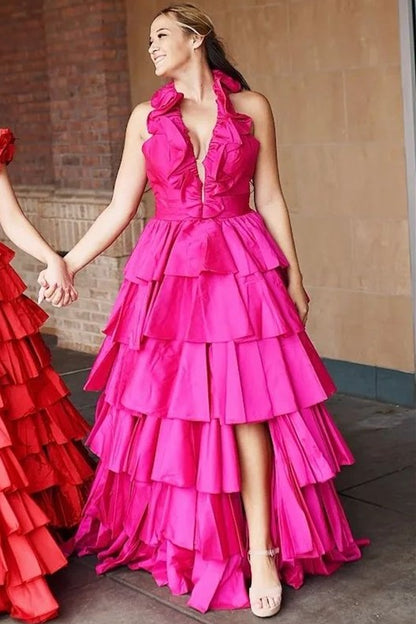 Dressime A Line Plunge V Ruffle Tiered Long Prom Dress with Slit dressime