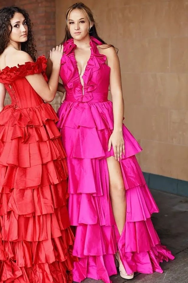 Dressime A Line Plunge V Ruffle Tiered Long Prom Dress with Slit dressime