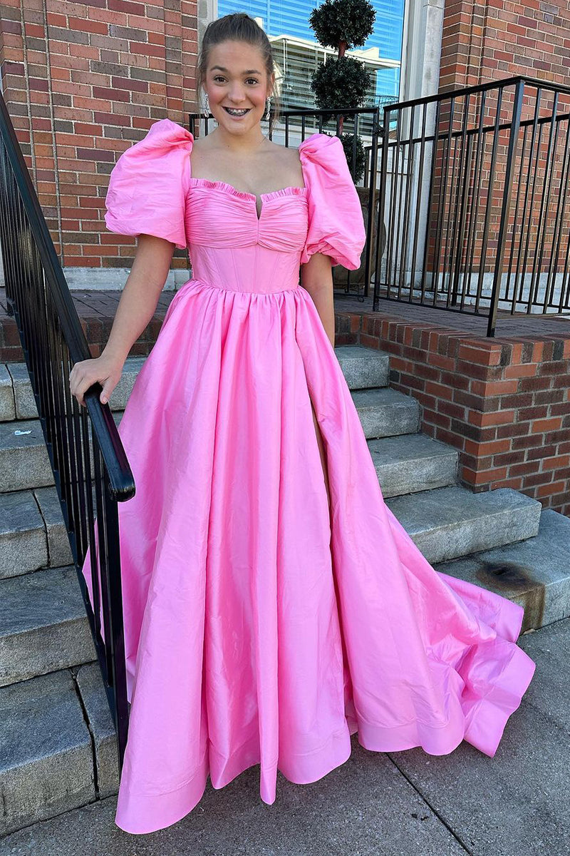 Dressime A-Line Satin Puffle Sleeves Prom Dresses with Slit dressime