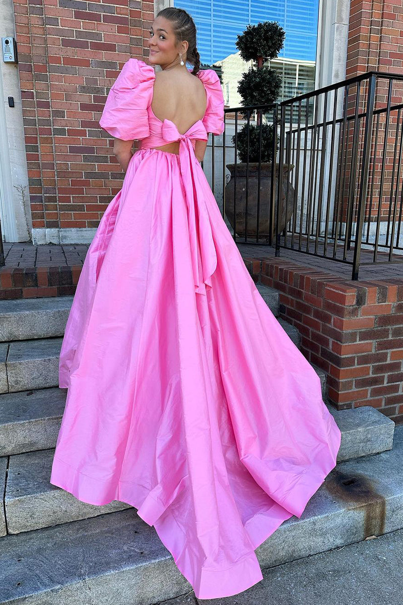 Dressime A-Line Satin Puffle Sleeves Prom Dresses with Slit dressime