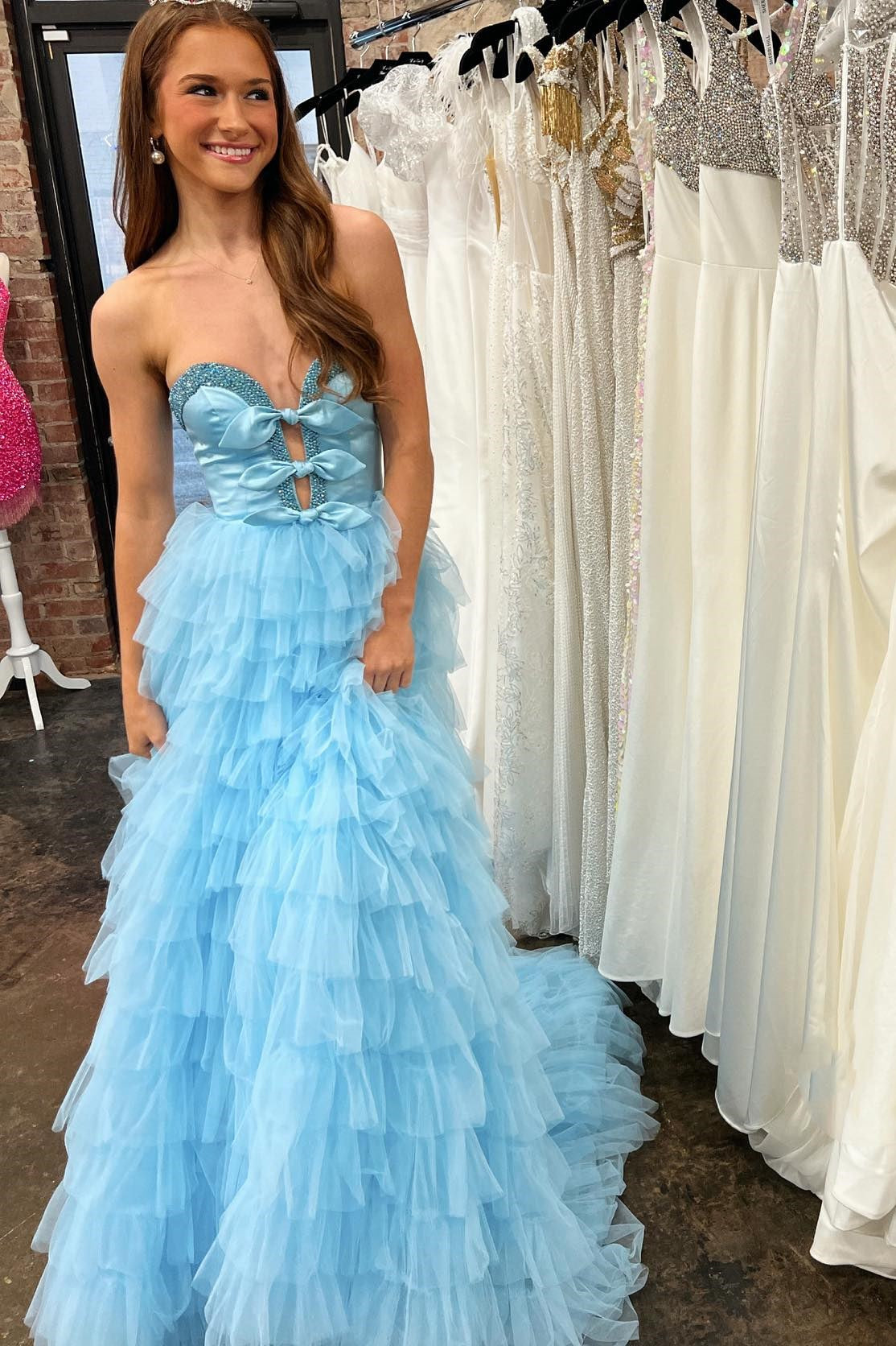 Dressime A Line Strapless Bow Ruffle Tiered Long Prom Dress with Slit dressime