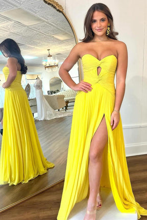 Dressime A-Line Strapless Chiffon Keyhole Pleated Long Prom Dress With Slit dressime