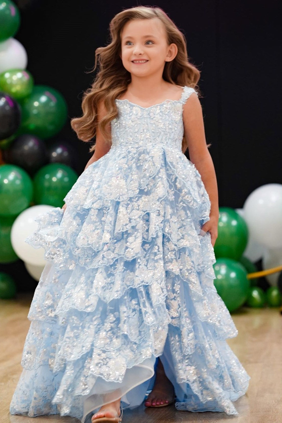 Dressime A Line Straps Tull Sequin Appliques Ruffle Multi-Layer Long Girl Pageant Dress dressime