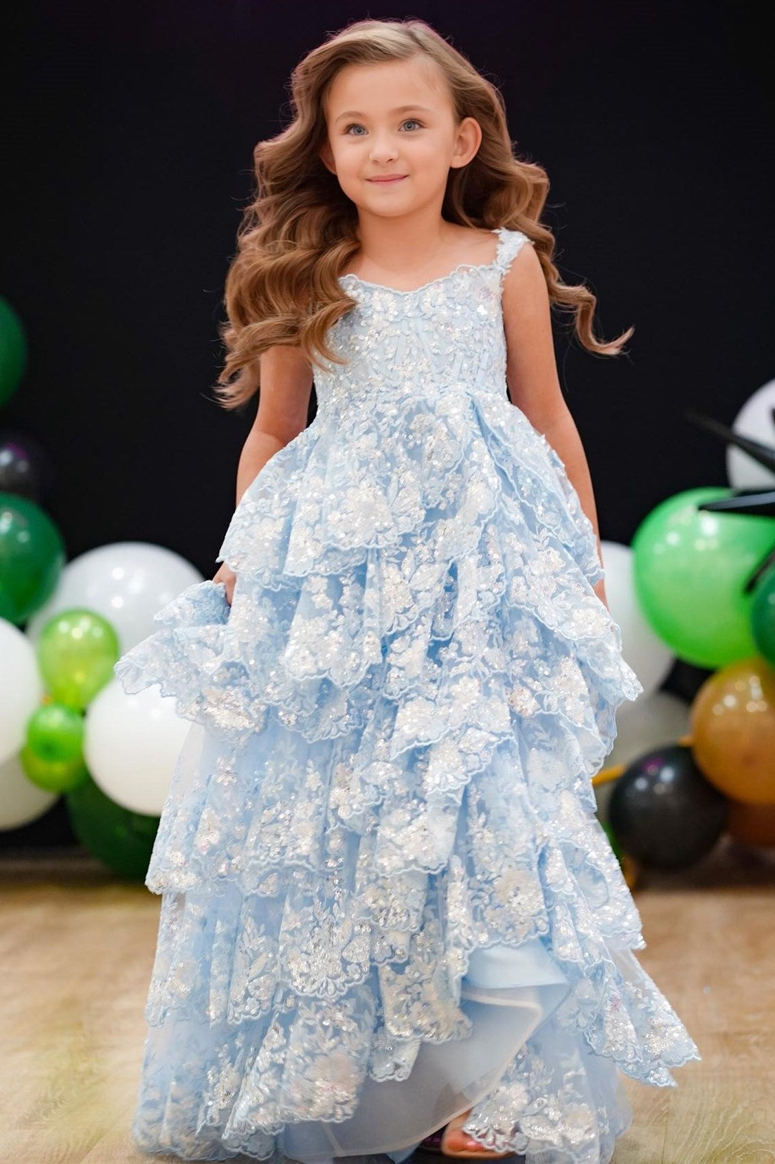 Dressime A Line Straps Tull Sequin Appliques Ruffle Multi-Layer Long Girl Pageant Dress dressime