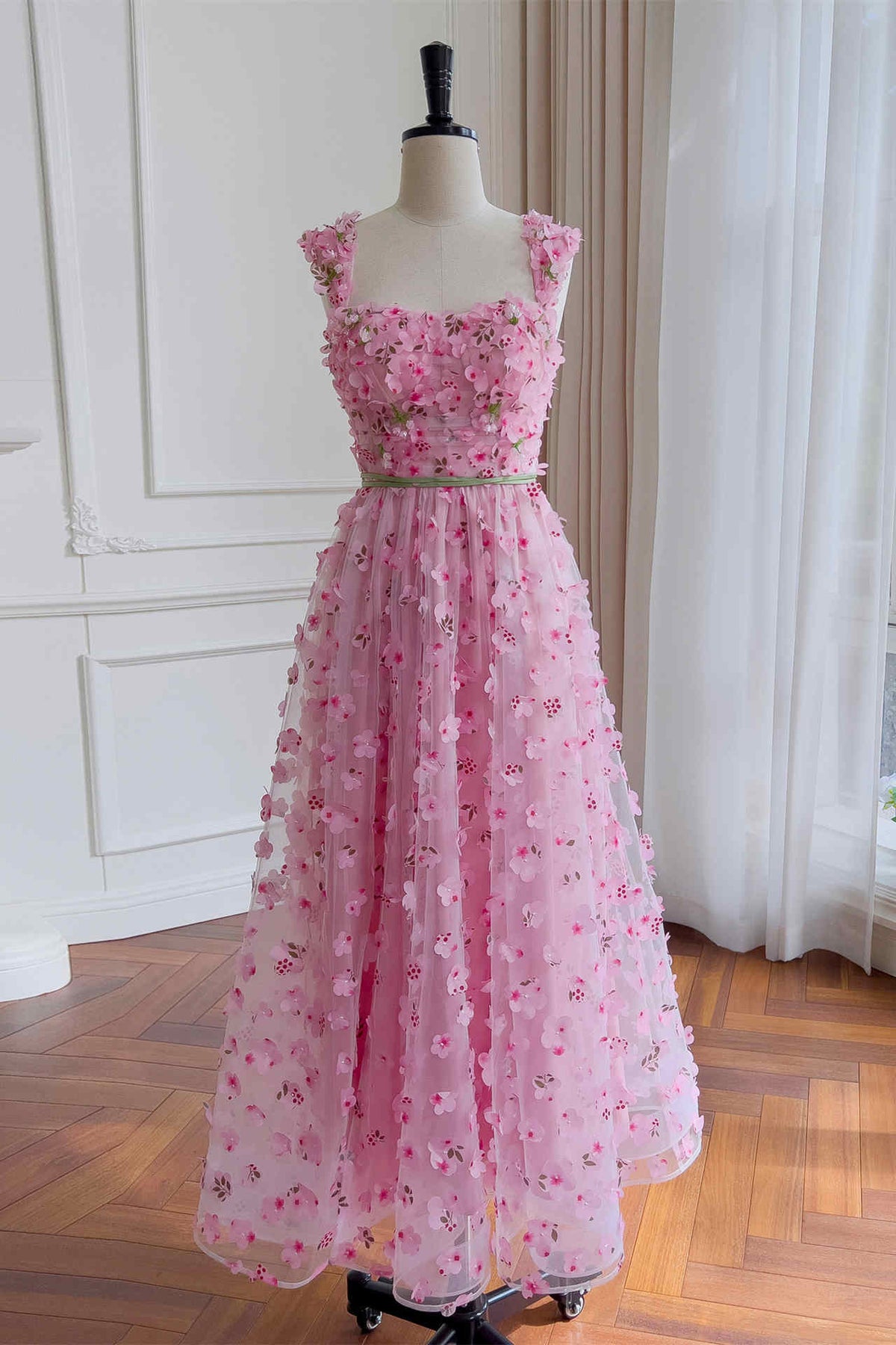 Dressime A Line Straps Tulle Appliques Prom Dress With Flowers dressime