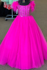 Dressime A Line Tulle Cold-Shoulder Feather Long Girl Pageant Dress With Beaded dressime