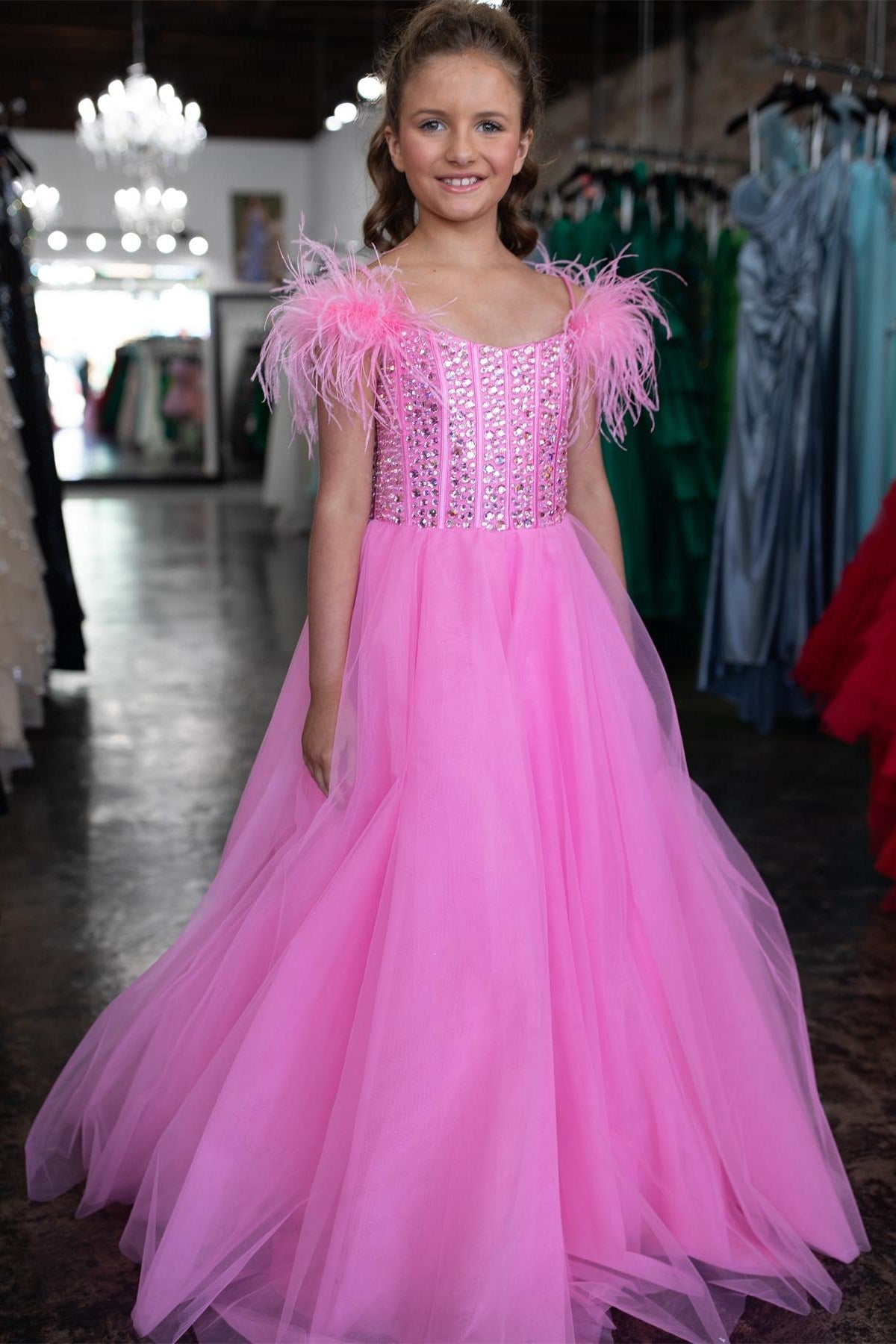 Dressime A Line Tulle Cold-Shoulder Feather Long Girl Pageant Dress With Beaded dressime