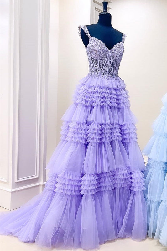 Dressime A Line Tulle Off-the-Shoulder Ruffle Tiered Long Prom Dress dressime