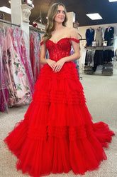 Dressime A Line Tulle Off-the-Shoulder Ruffle Tiered Long Prom Dress dressime