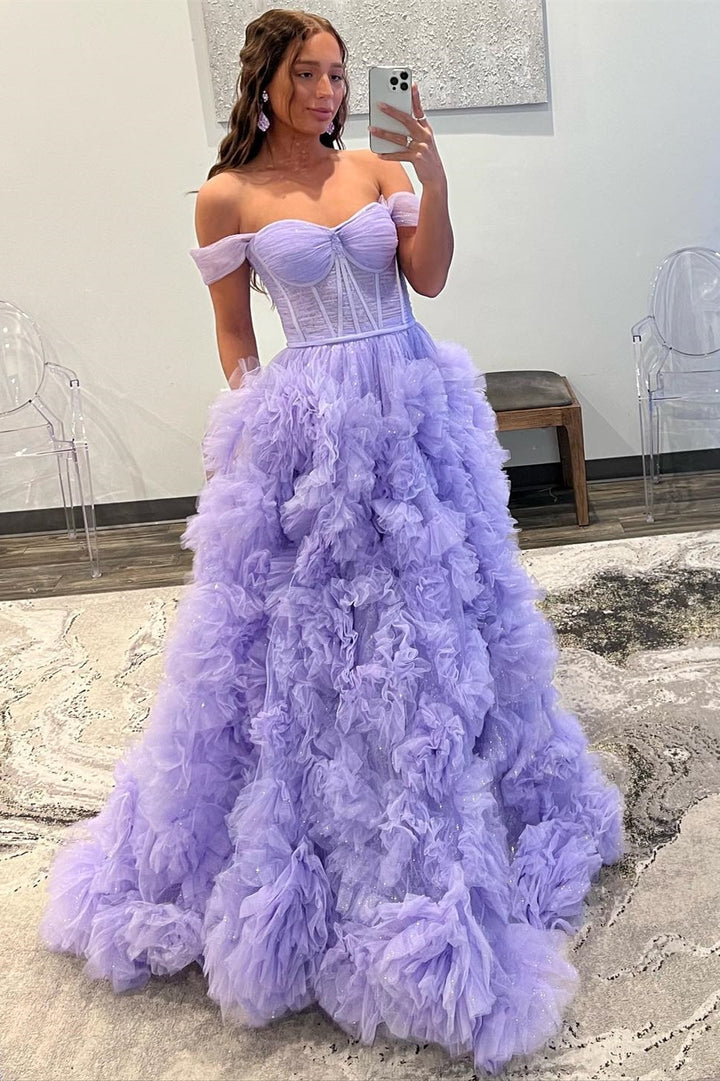 Dressime A Line Tulle Off-the-Shoulder Tiered Long Prom Dress with Ruffles dressime