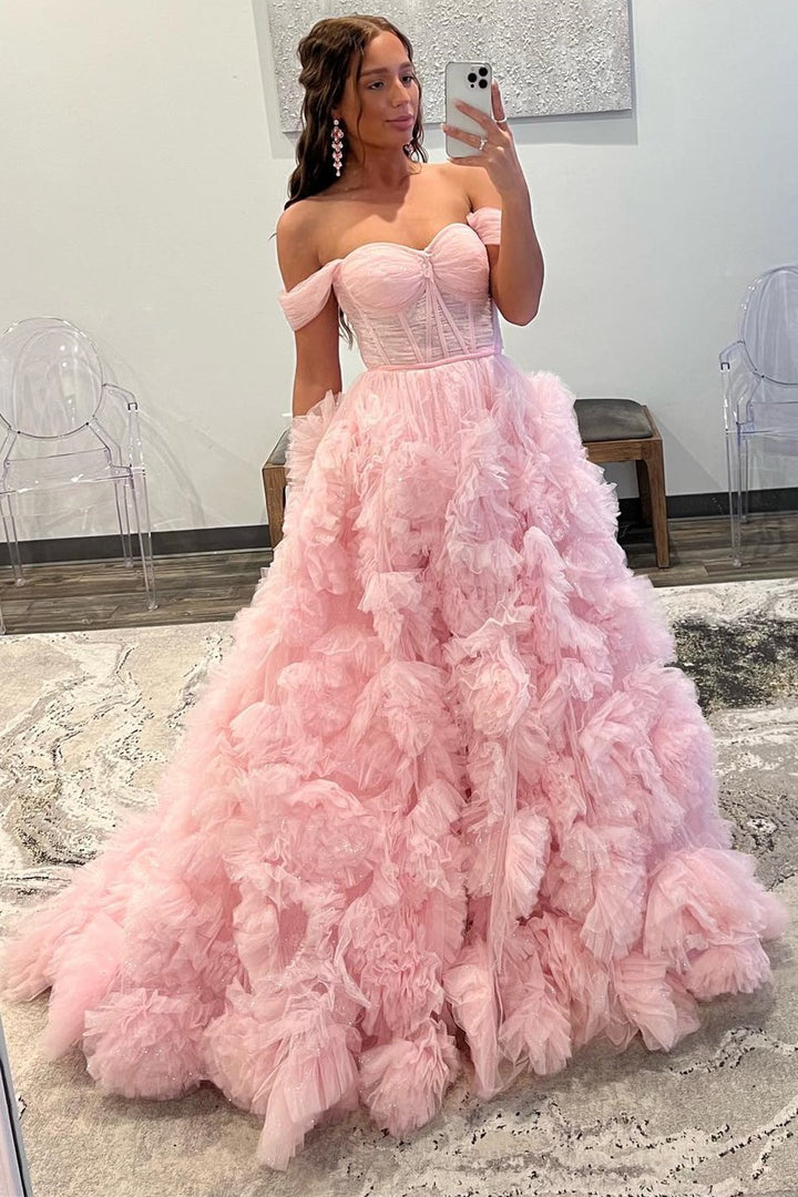 Dressime A Line Tulle Off-the-Shoulder Tiered Long Prom Dress with Ruffles dressime