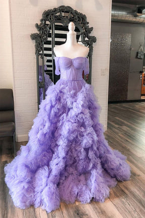 Dressime A Line Tulle Off-the-Shoulder Tiered Long Prom Dress with Ruffles dressime