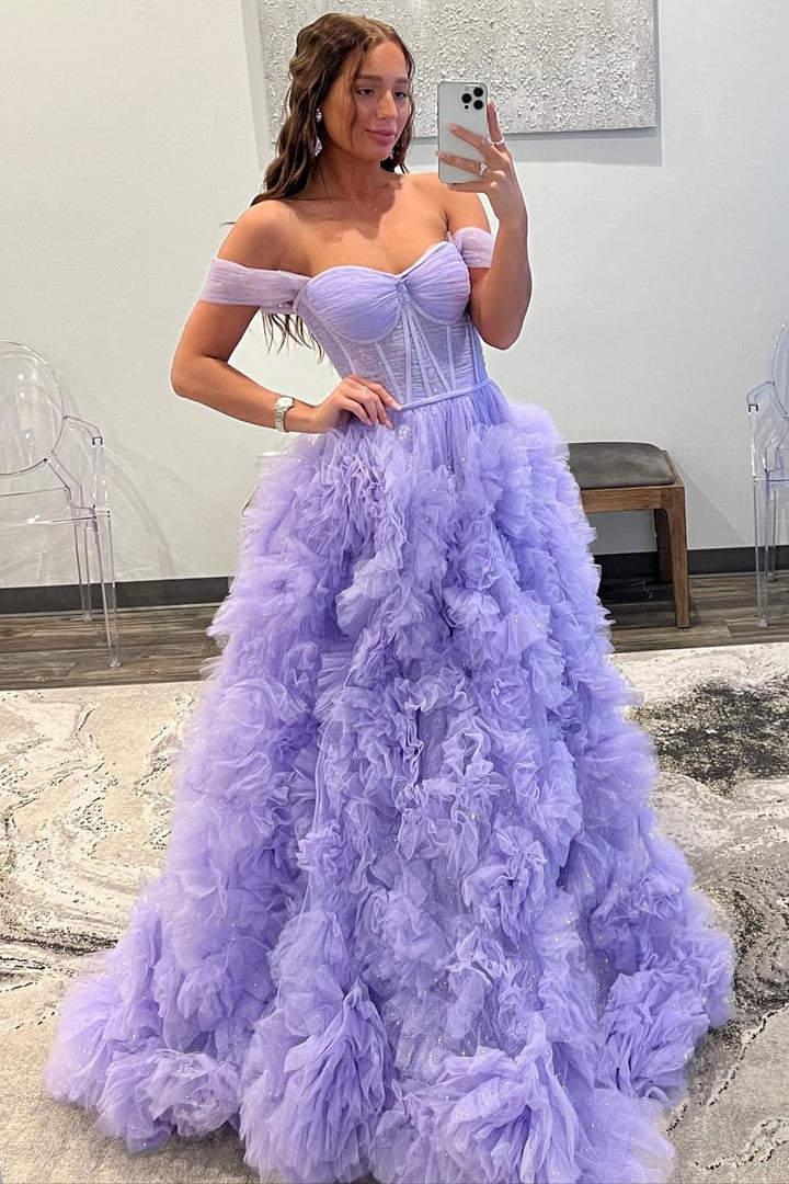 Dressime A Line Tulle Off-the-Shoulder Tiered Long Prom Dress with Ruffles dressime