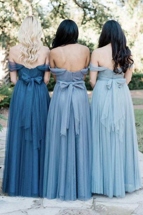 A Line Tulle Sweetheart Off the Shoulder Long Ruffles Bridesmaid DressesBridesmaid Dressesrjerdress