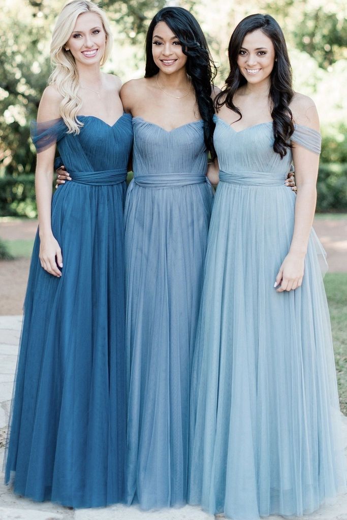 A Line Tulle Sweetheart Off the Shoulder Long Ruffles Bridesmaid DressesBridesmaid Dressesrjerdress