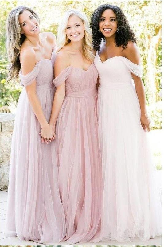 A Line Tulle Sweetheart Off the Shoulder Long Ruffles Bridesmaid DressesBridesmaid Dressesrjerdress