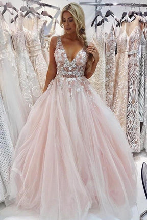 Dressime A Line Tulle V Neck Appliques Long Prom Dresses With Beads dressime