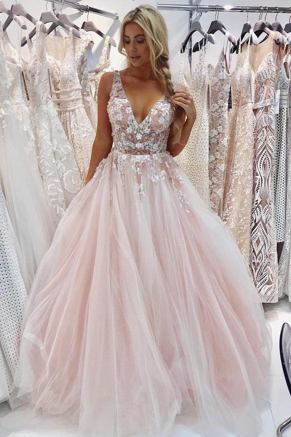 Dressime A Line Tulle V Neck Appliques Long Prom Dresses With Beads dressime