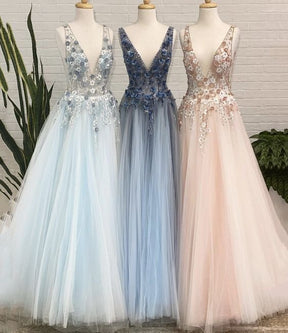 Dressime A Line Tulle V Neck Appliques Long Prom Dresses With Beads dressime